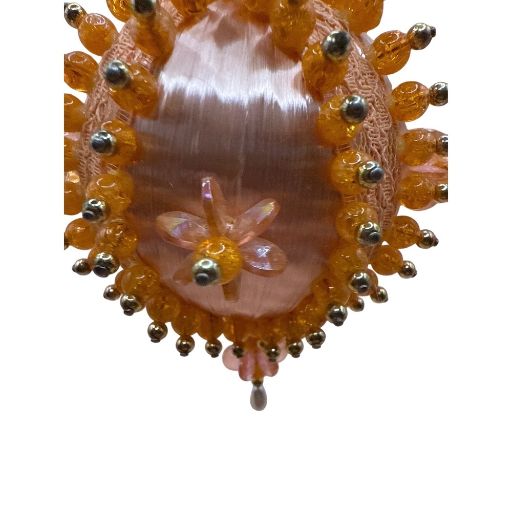 Vintage Handmade Beaded Push Pin Christmas Ornament Peach Satin Pearl - Picture 2 of 12